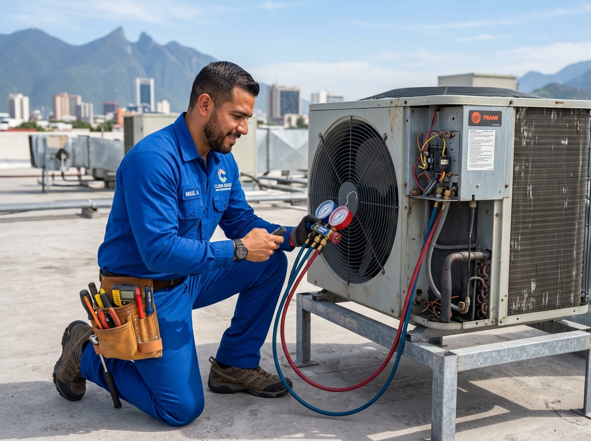 Técnico HVAC profesional en México con equipo manómetro y herramientas